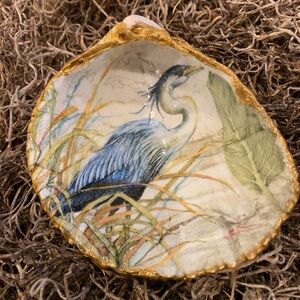 Handcrafted Decoupaged Blue Heron Giant Cockle Shell W/Gold Accents